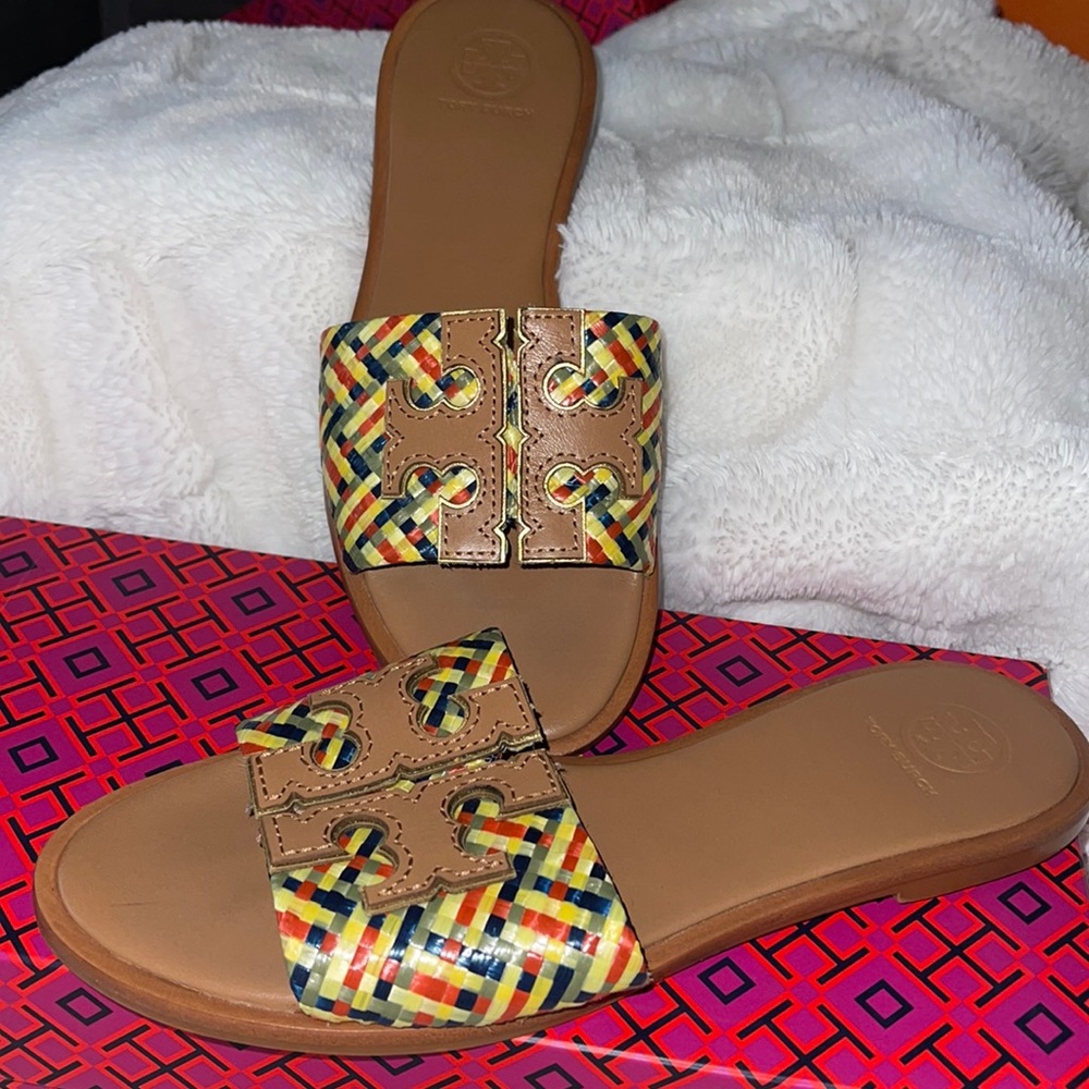 GREAT CONDITION TORY BURCH INES SLIDE RAFFIA/CALF LEATHER